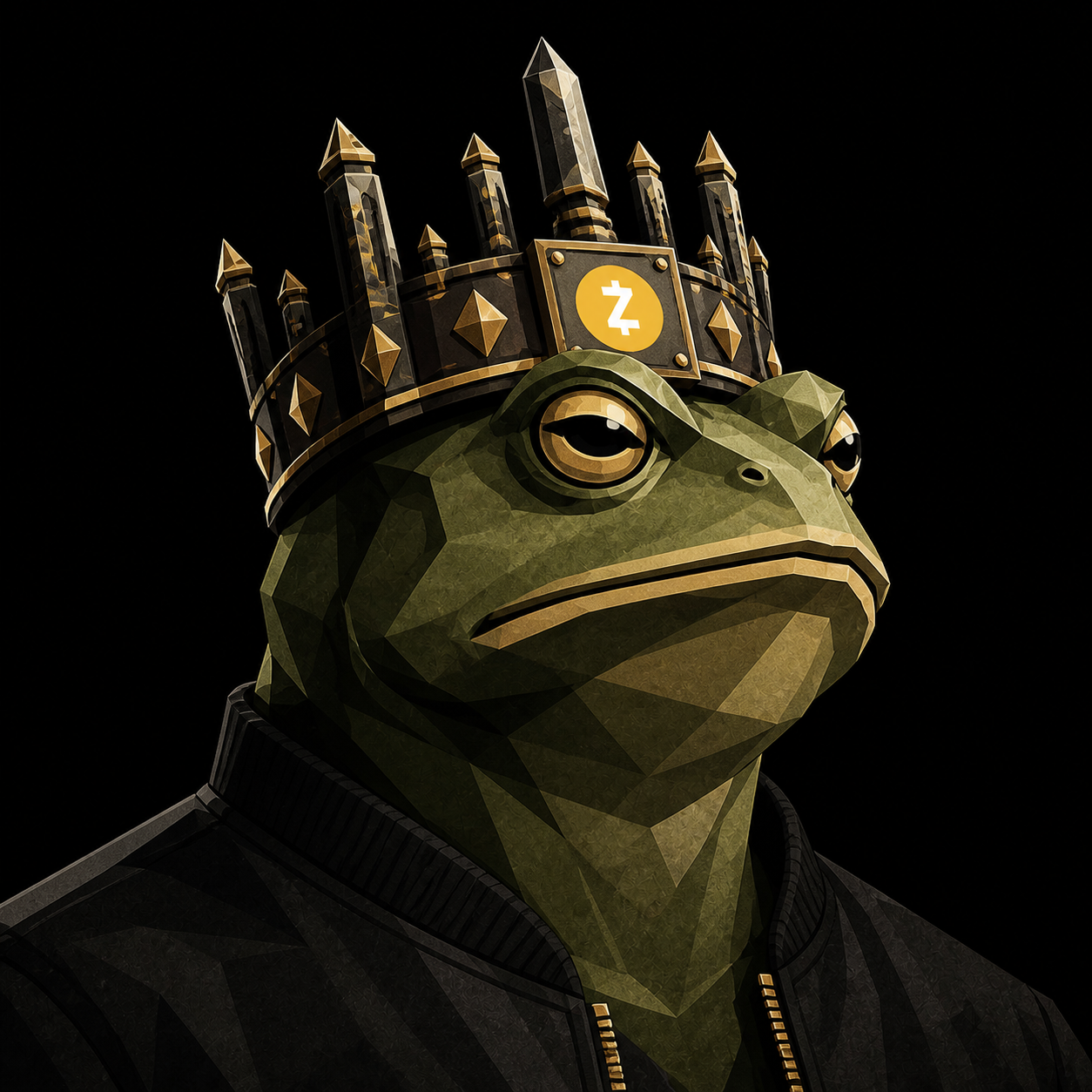 Crowned anuran TOKENCHASER with Zcash insignia