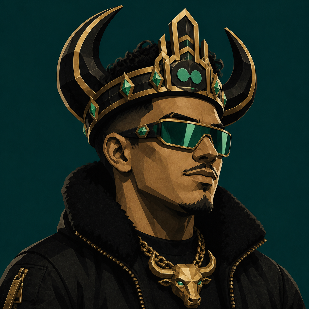 TOKENCHASER wearing a horned crown and bull medallion