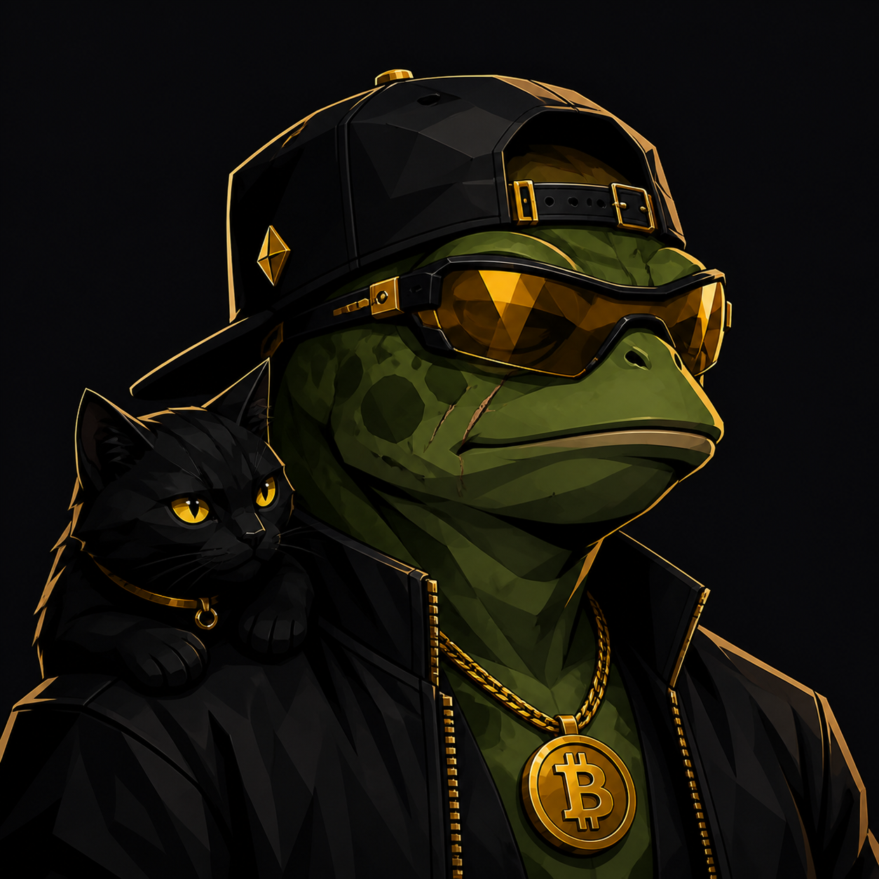 A green TOKENCHASER in gold glasses and a black cap, with a black cat on its shoulder